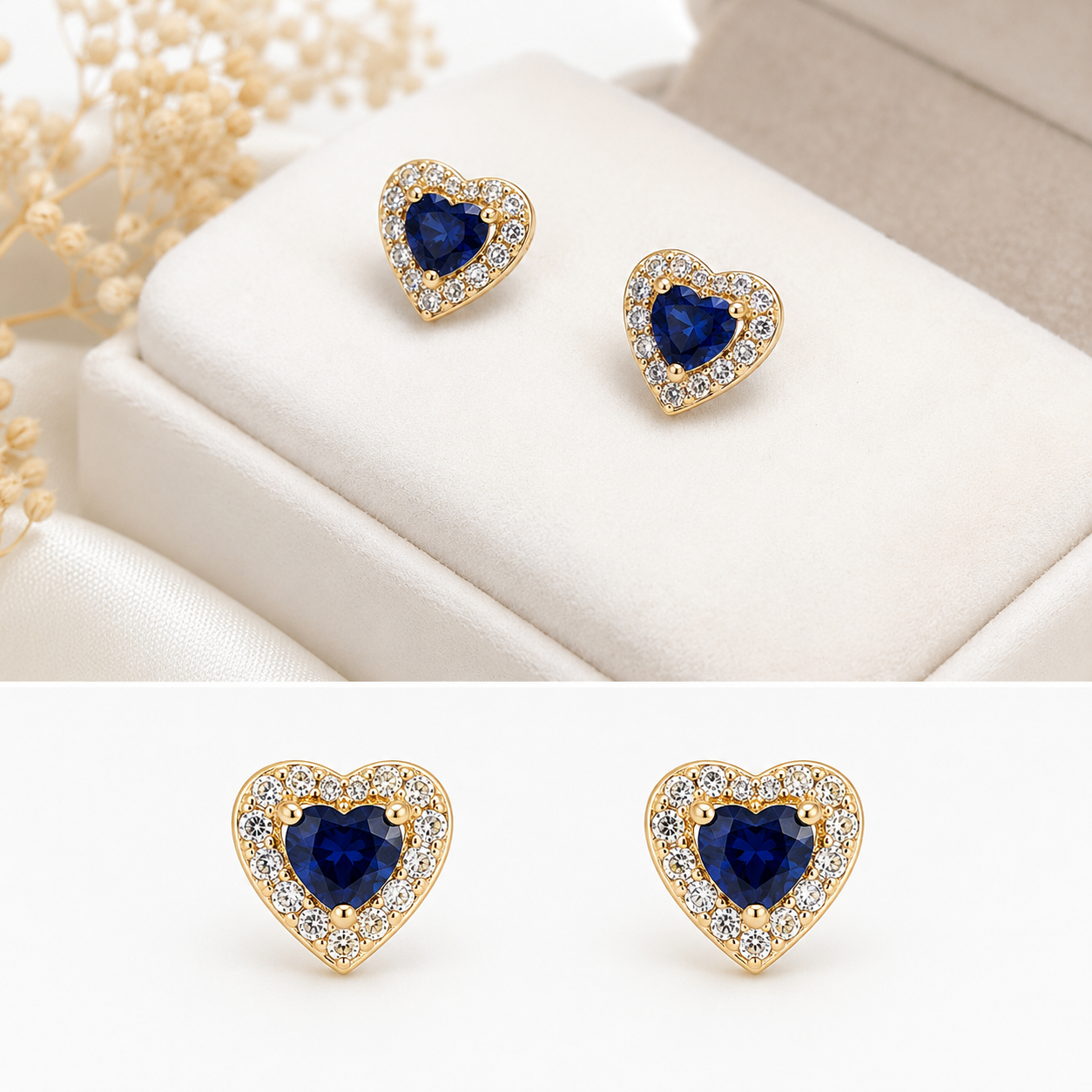 14K Gold Heart Sapphire Stud Earrings with Natural Diamonds | Lab-Grown Blue Sapphire