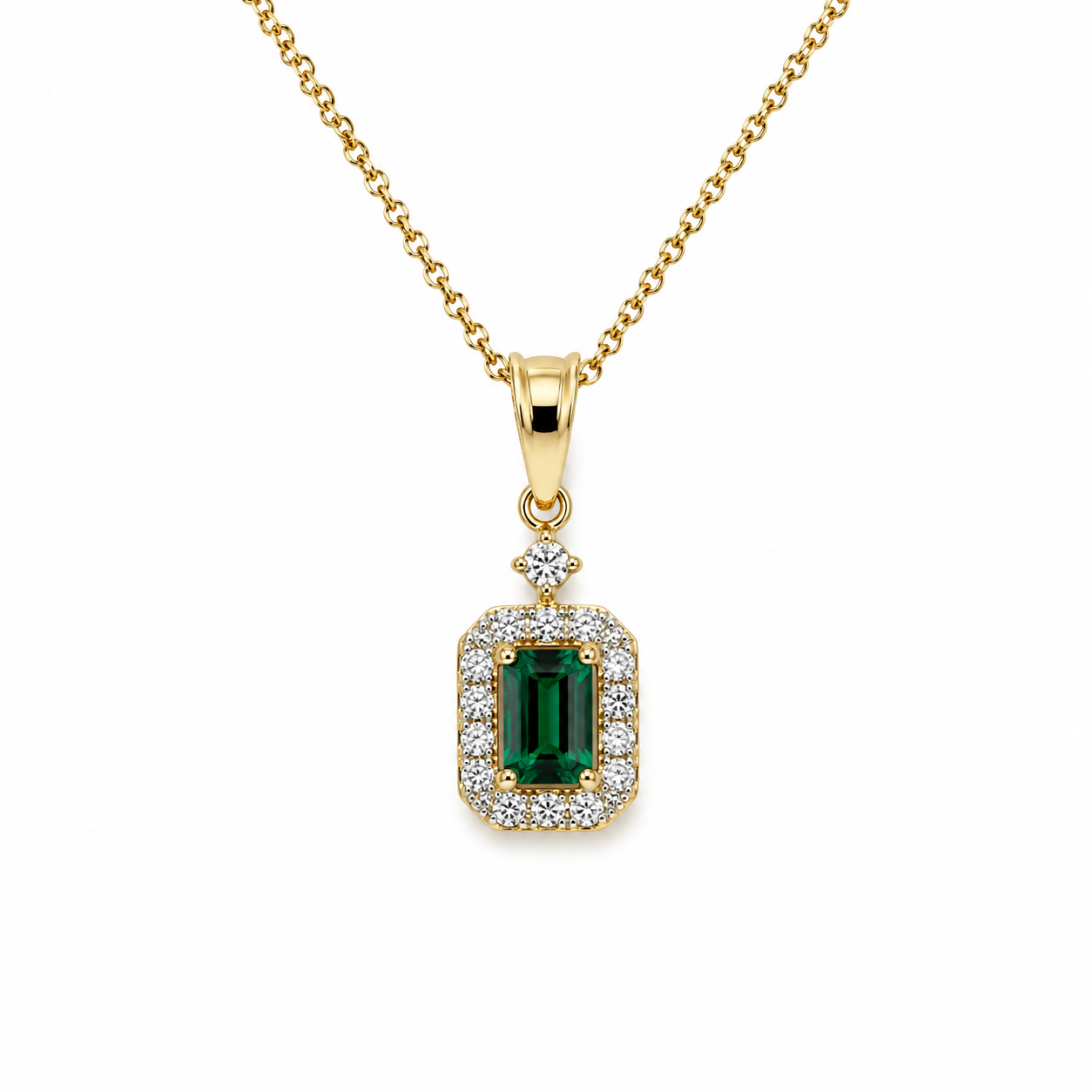 14K Yellow Gold Lab-Grown Emerald Pendant Necklace with Natural Diamonds