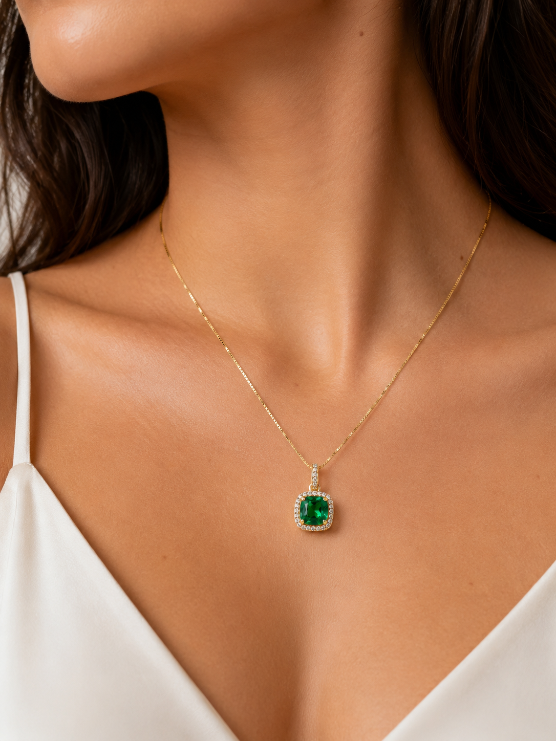 14K Gold Necklace with Lab-Grown Emerald & Natural Diamonds | 18” Chain | La Margarita Jewelry
