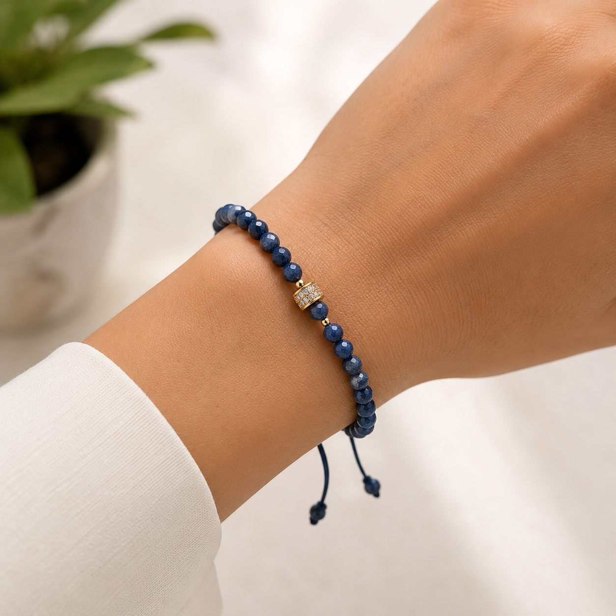 14K Gold Natural Stone Beaded Bracelet with CZ Centerpiece | Adjustable Bracelet