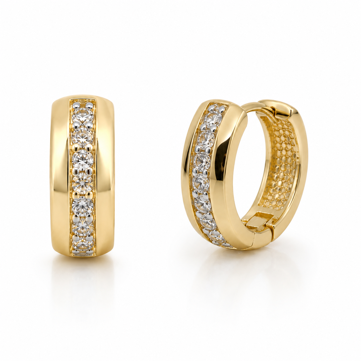 10K Gold 12mm Huggie Hoop Earrings with Cubic Zirconia | 1.7g