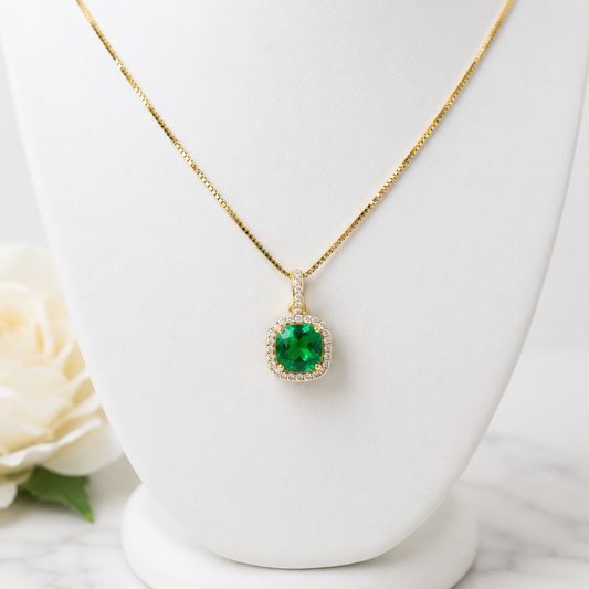 14K Gold Necklace with Lab-Grown Emerald & Natural Diamonds | 18” Chain | La Margarita Jewelry
