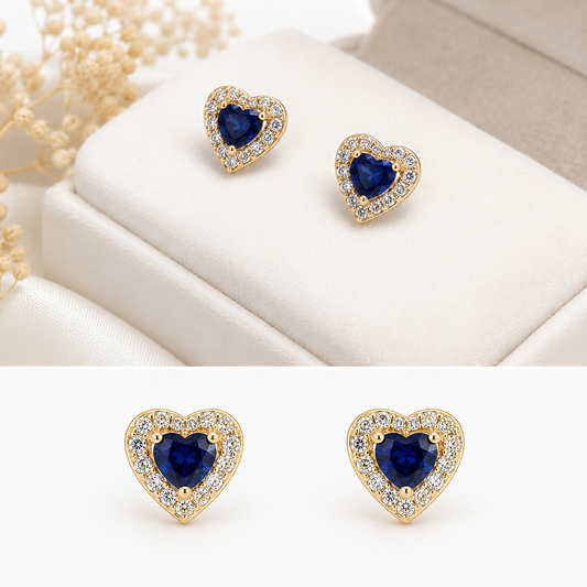 14K Gold Heart Sapphire Stud Earrings with Natural Diamonds | Lab-Grown Blue Sapphire