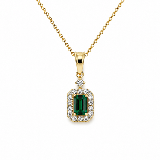 14K Yellow Gold Lab-Grown Emerald Pendant Necklace with Natural Diamonds