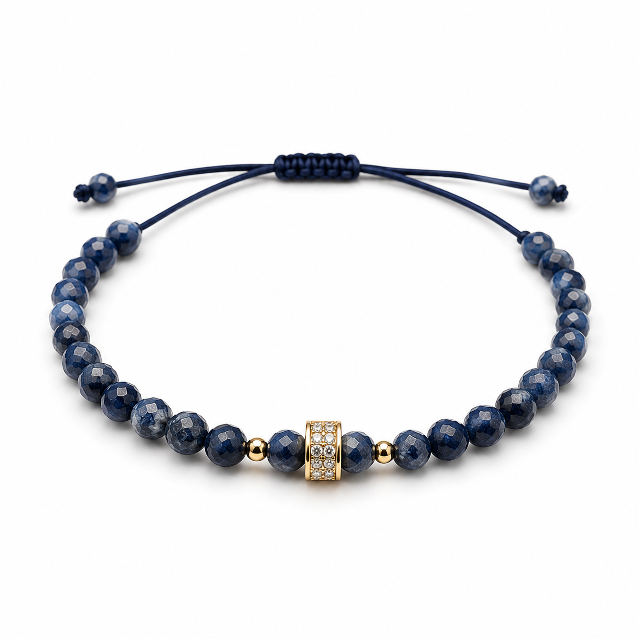 14K Gold Natural Stone Beaded Bracelet with CZ Centerpiece | Adjustable Bracelet