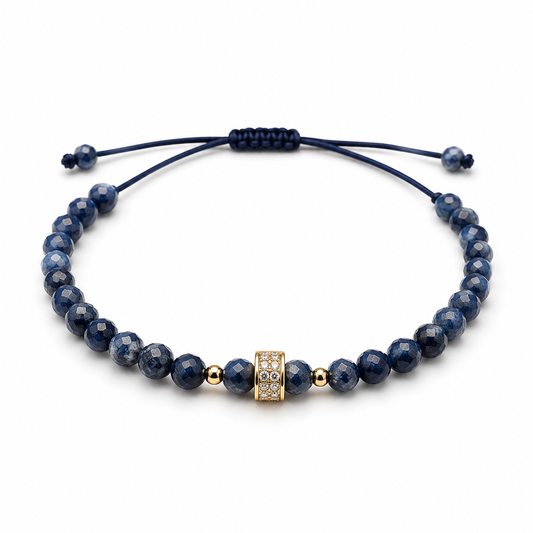 14K Gold Natural Stone Beaded Bracelet with CZ Centerpiece | Adjustable Bracelet