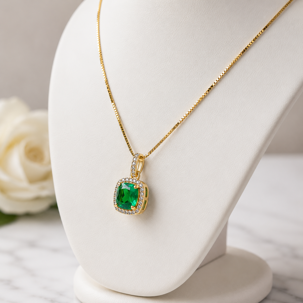 14K Gold Necklace with Lab-Grown Emerald & Natural Diamonds | 18” Chain | La Margarita Jewelry