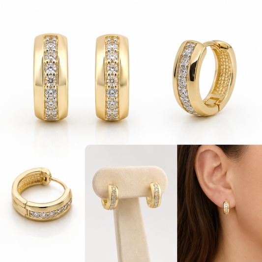 10K Gold 12mm Huggie Hoop Earrings with Cubic Zirconia | 1.7g